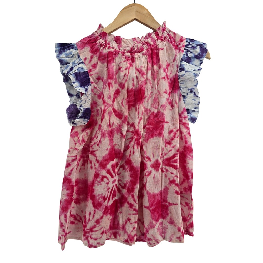 THML Top Womens Medium Bora Bora Tie Dye Flutter Sleeve Pink Blue NEW